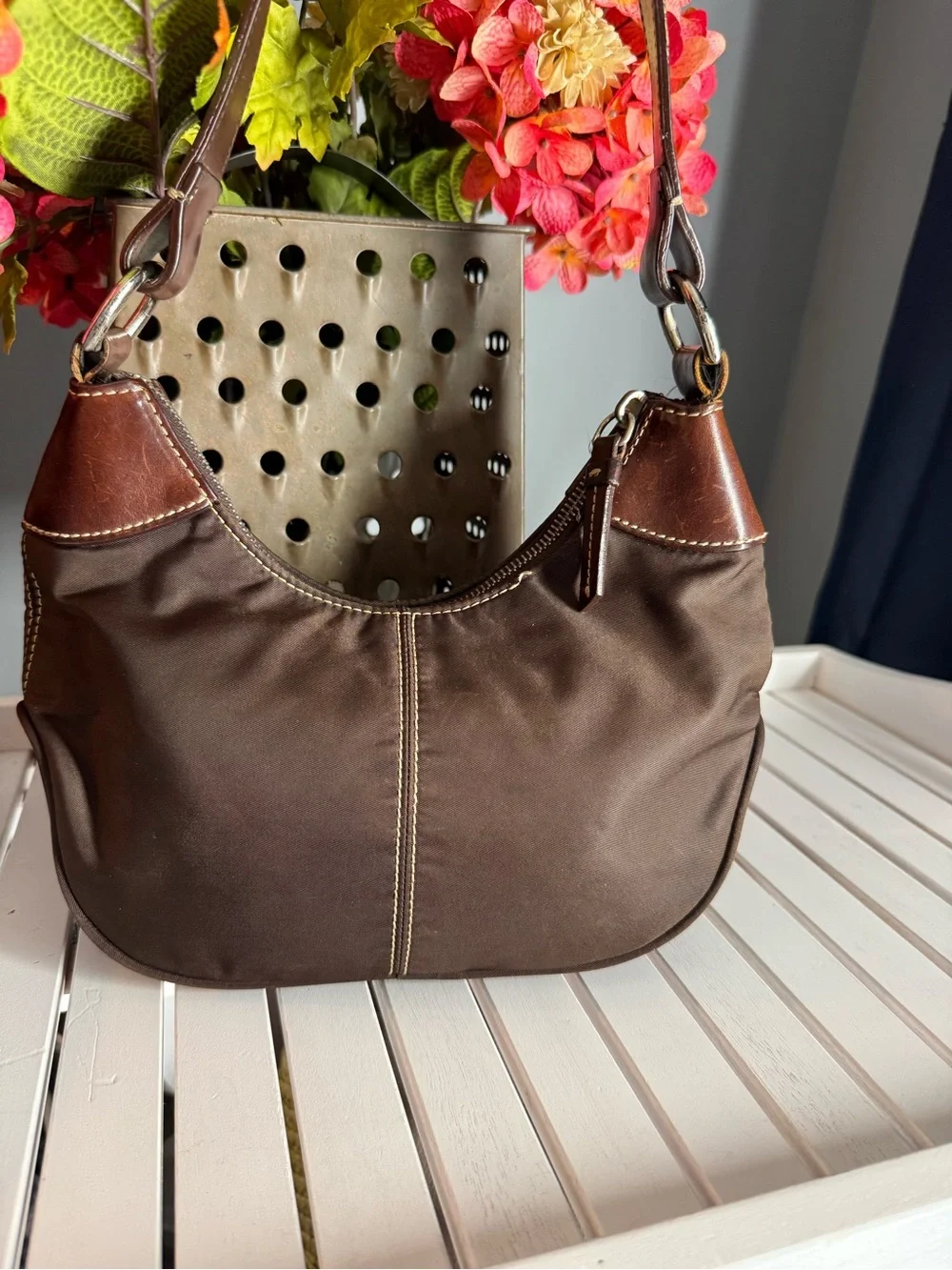 Dooney Bourke Vintage Brown Nylon Brown Leather Strap Small Hobo WAYFARER